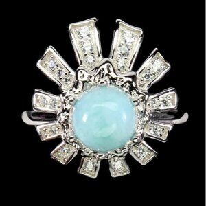 Natural Blue Larimar‎ 7mm & Cz 925 Sterling Silver Ring Size 6